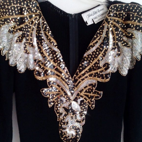 Vtg 80s Santana Knit beaded sequined Bodice Dress 12 - Picture 3 of 11